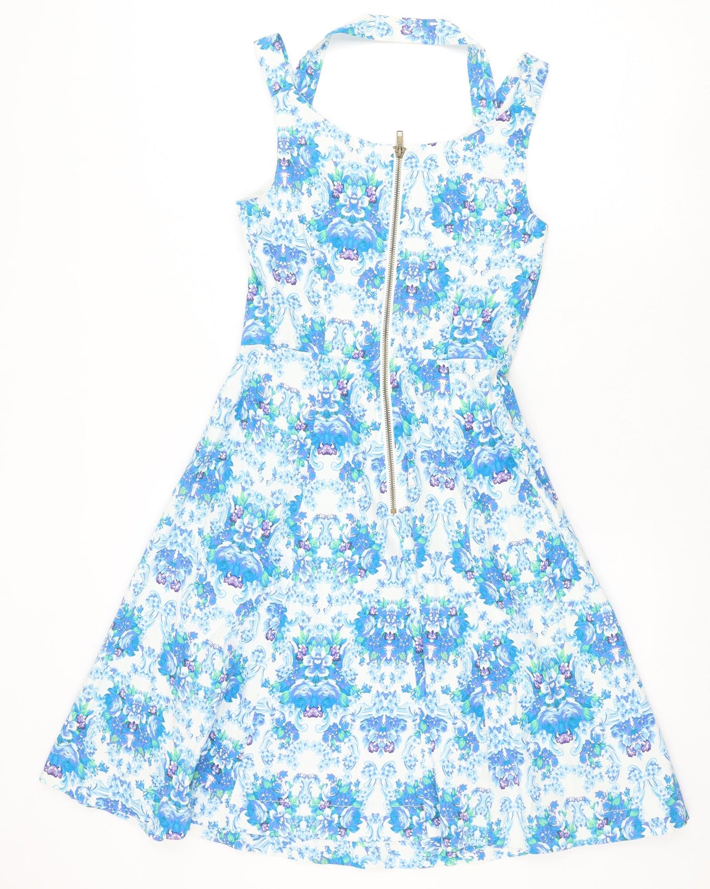 Louche Womens Blue Geometric Cotton Fit & Flare Size 8 Halter Zip