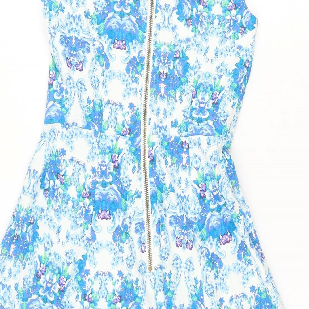 Louche Womens Blue Geometric Cotton Fit & Flare Size 8 Halter Zip
