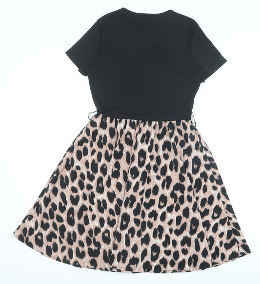 SheIn Womens Black Animal Print Polyester Skater Dress Size S Round Neck Pullover - Leopard Pattern