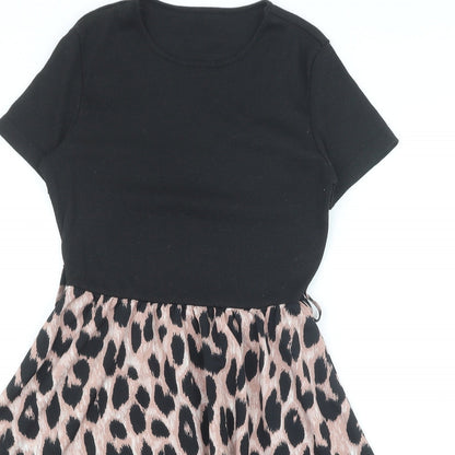 SheIn Womens Black Animal Print Polyester Skater Dress Size S Round Neck Pullover - Leopard Pattern