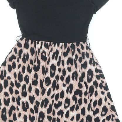 SheIn Womens Black Animal Print Polyester Skater Dress Size S Round Neck Pullover - Leopard Pattern