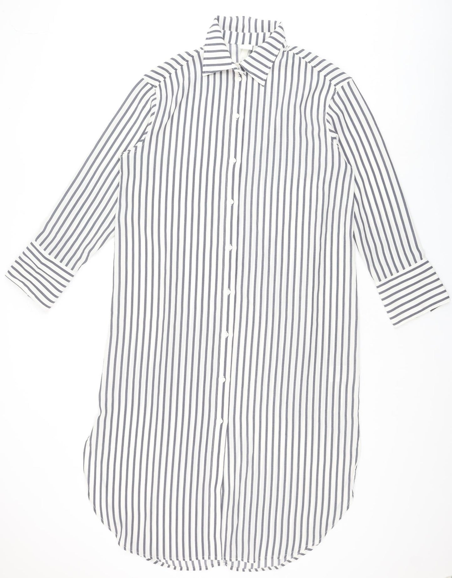 H&M Womens Grey Striped Polyester Shirt Dress Size S Collared Button