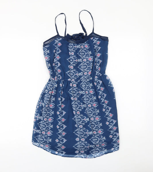 Hollister Womens Blue Geometric Viscose A-Line Size M Round Neck Zip