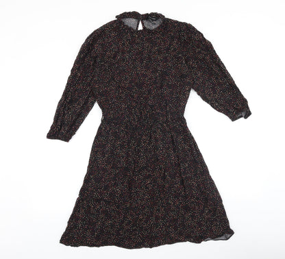 New Look Womens Black Geometric Viscose Fit & Flare Size 10 Round Neck Button