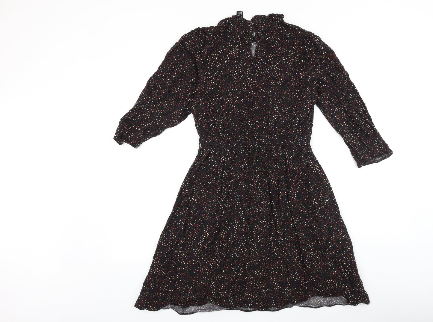 New Look Womens Black Geometric Viscose Fit & Flare Size 10 Round Neck Button
