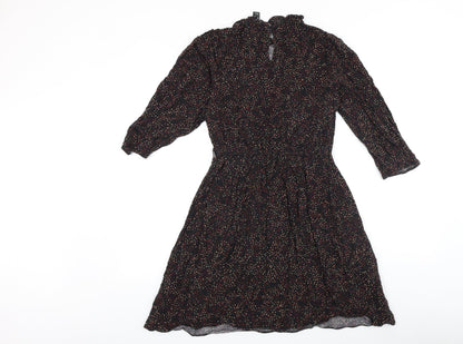 New Look Womens Black Geometric Viscose Fit & Flare Size 10 Round Neck Button