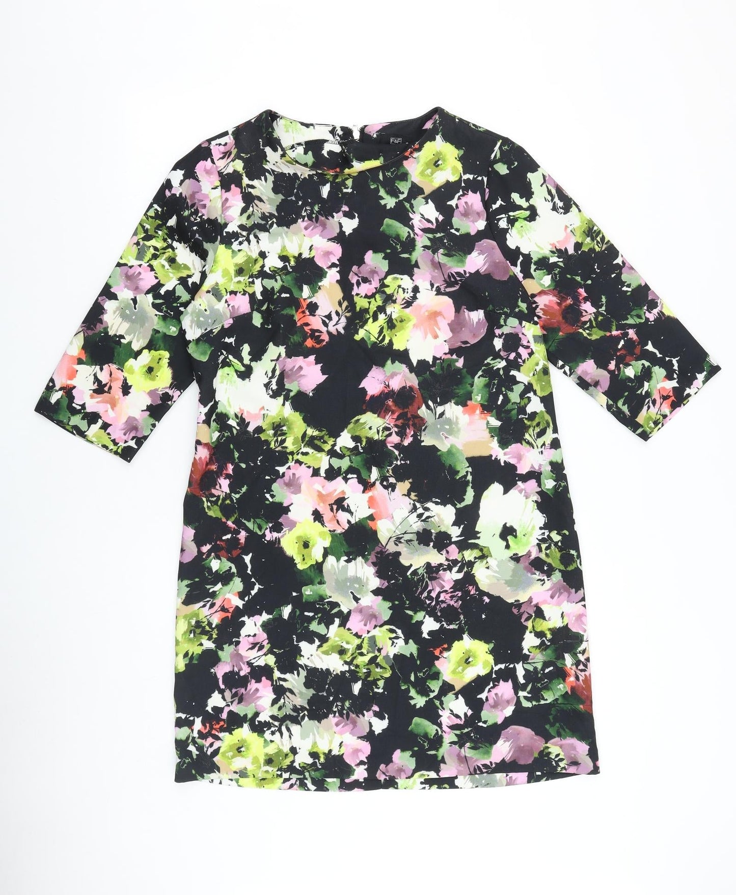 F&F Womens Black Floral Viscose A-Line Size 12 Round Neck Zip