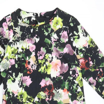 F&F Womens Black Floral Viscose A-Line Size 12 Round Neck Zip