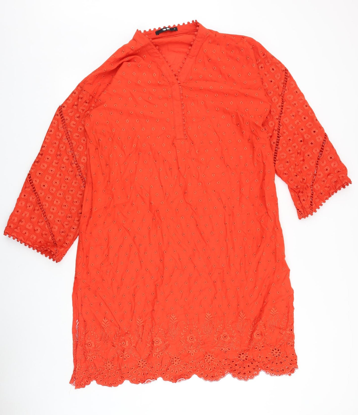 Preworn Womens Orange Geometric Acetate Kaftan Size 14 V-Neck Pullover