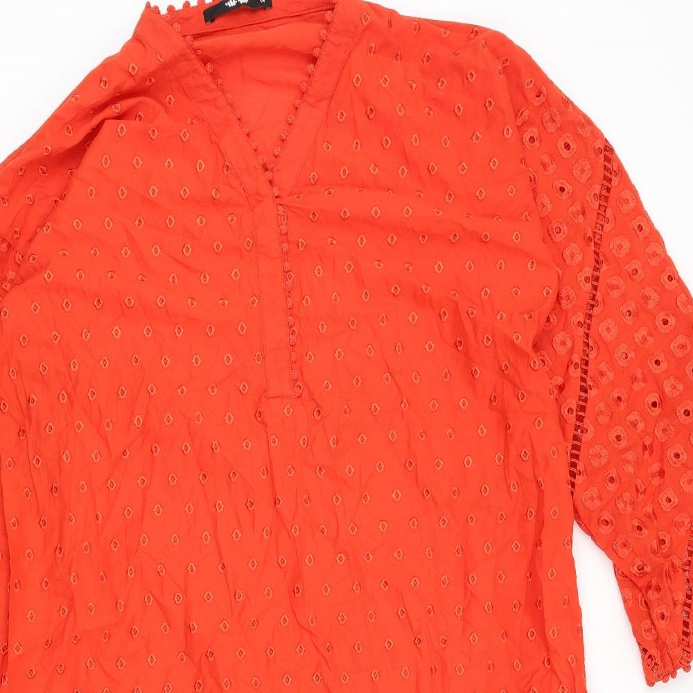 Preworn Womens Orange Geometric Acetate Kaftan Size 14 V-Neck Pullover