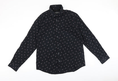 Marks and Spencer Mens Black Geometric 100% Cotton Polo Size L Collared Button