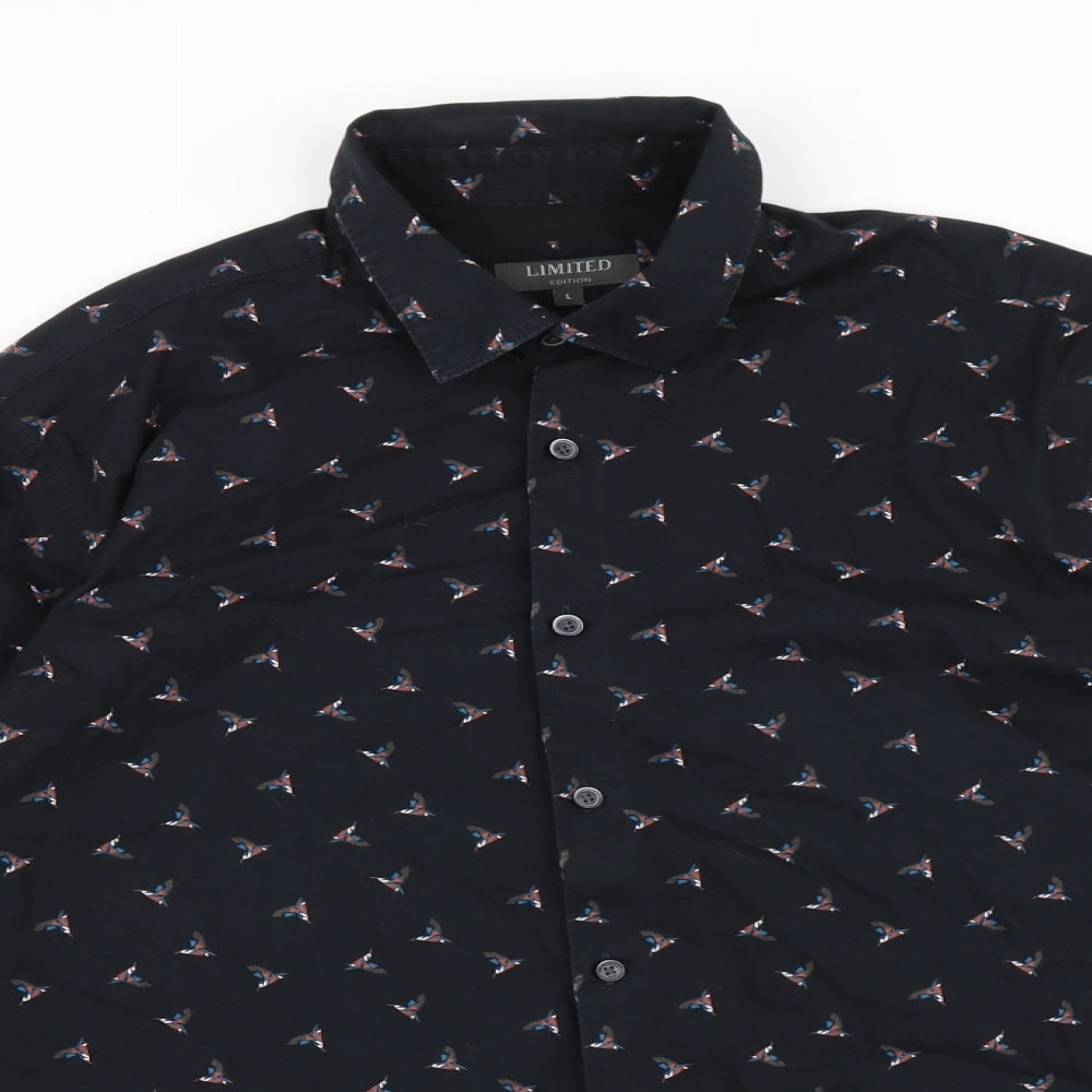 Marks and Spencer Mens Black Geometric 100% Cotton Polo Size L Collared Button