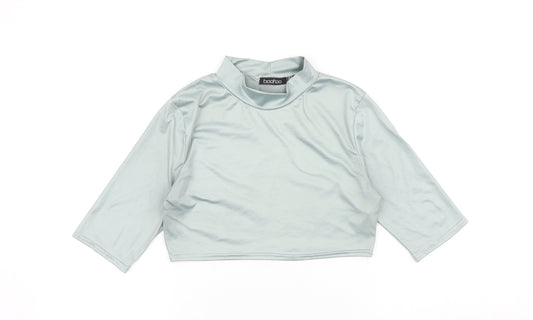 Boohoo Womens Green Polyester Cropped T-Shirt Size 10 Mock Neck