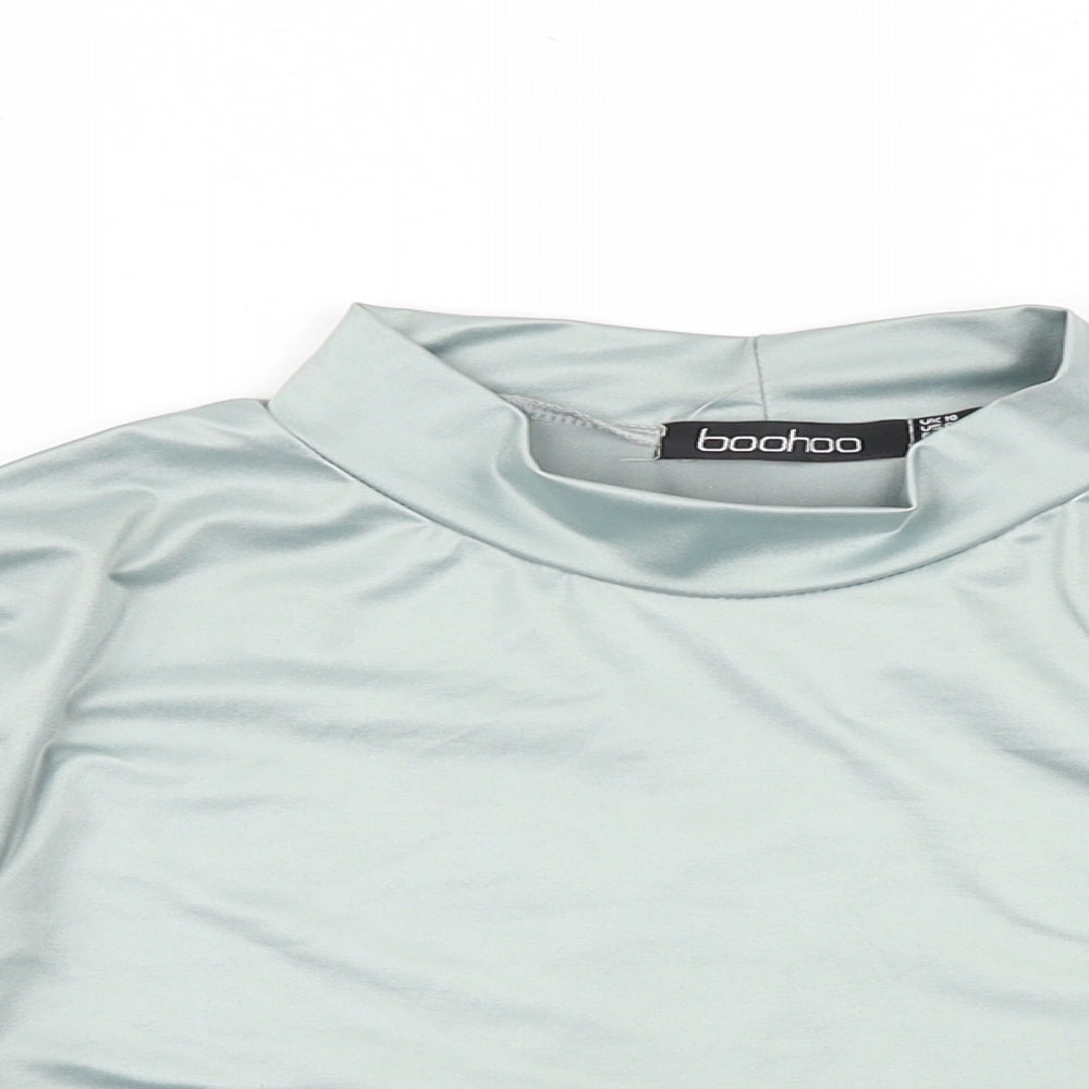 Boohoo Womens Green Polyester Cropped T-Shirt Size 10 Mock Neck