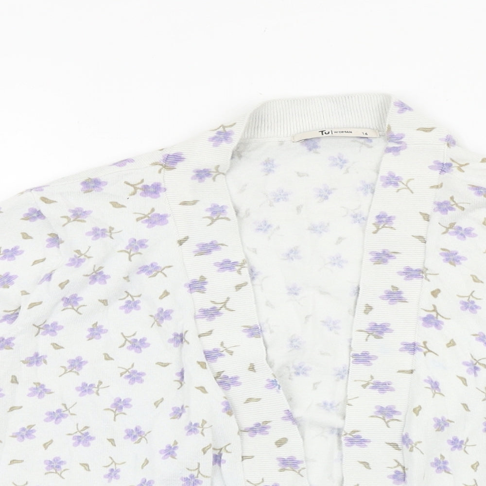 TU Womens White V-Neck Fair Isle 100% Cotton Cardigan Jumper Size 14