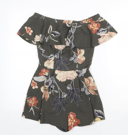 Love Womens Green Floral Polyester Playsuit One-Piece Size 8 Zip