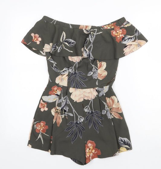 Love Womens Green Floral Polyester Playsuit One-Piece Size 8 Zip