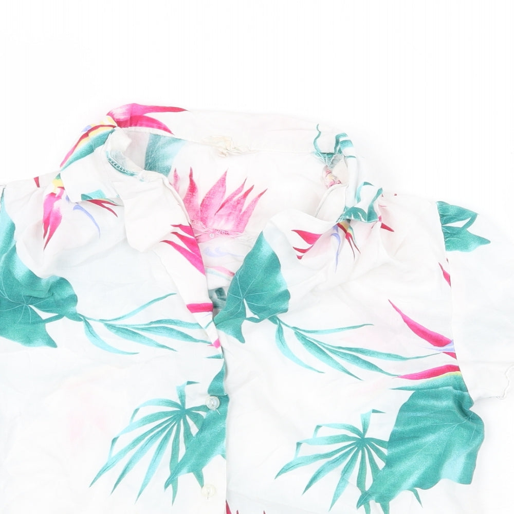 Preworn Womens White Geometric Polyester Basic Button-Up Size S Collared - Leaf Print