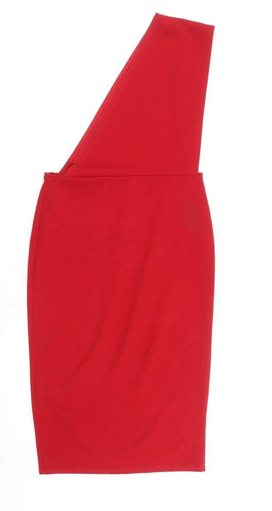 PRETTYLITTLETHING Womens Red Polyester Bodycon Size 14 One Shoulder Pullover