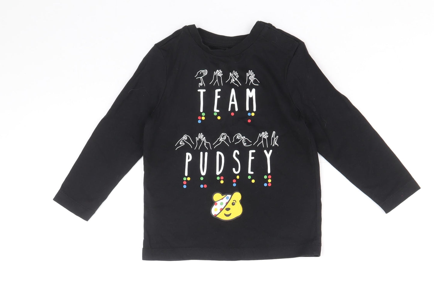 George Boys Black 100% Cotton Basic T-Shirt Size 18-24 Months Round Neck Snap - Team Pudsey