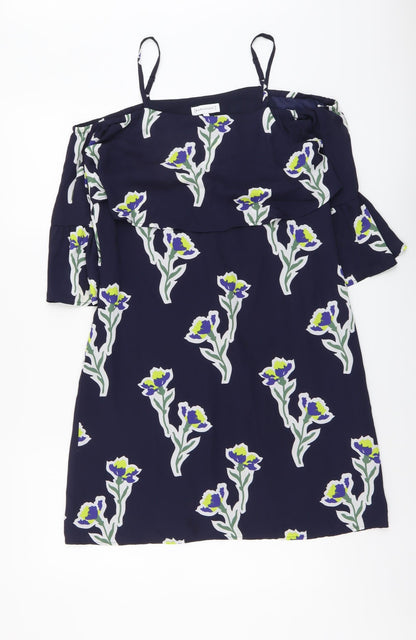 Warehouse Womens Blue Floral Polyester Shift Size 6 Off the Shoulder Zip
