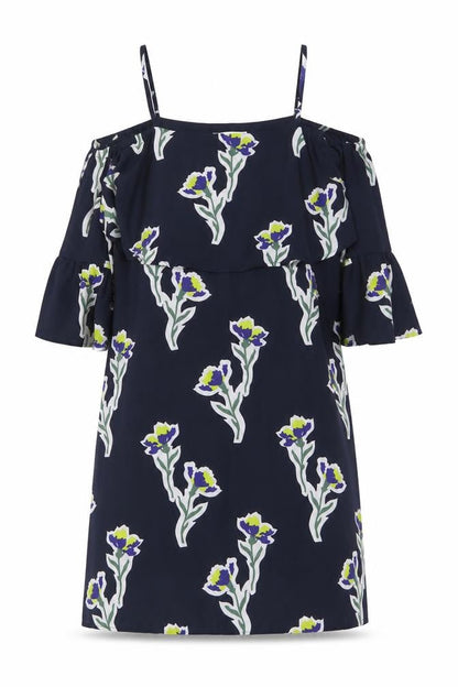 Warehouse Womens Blue Floral Polyester Shift Size 6 Off the Shoulder Zip