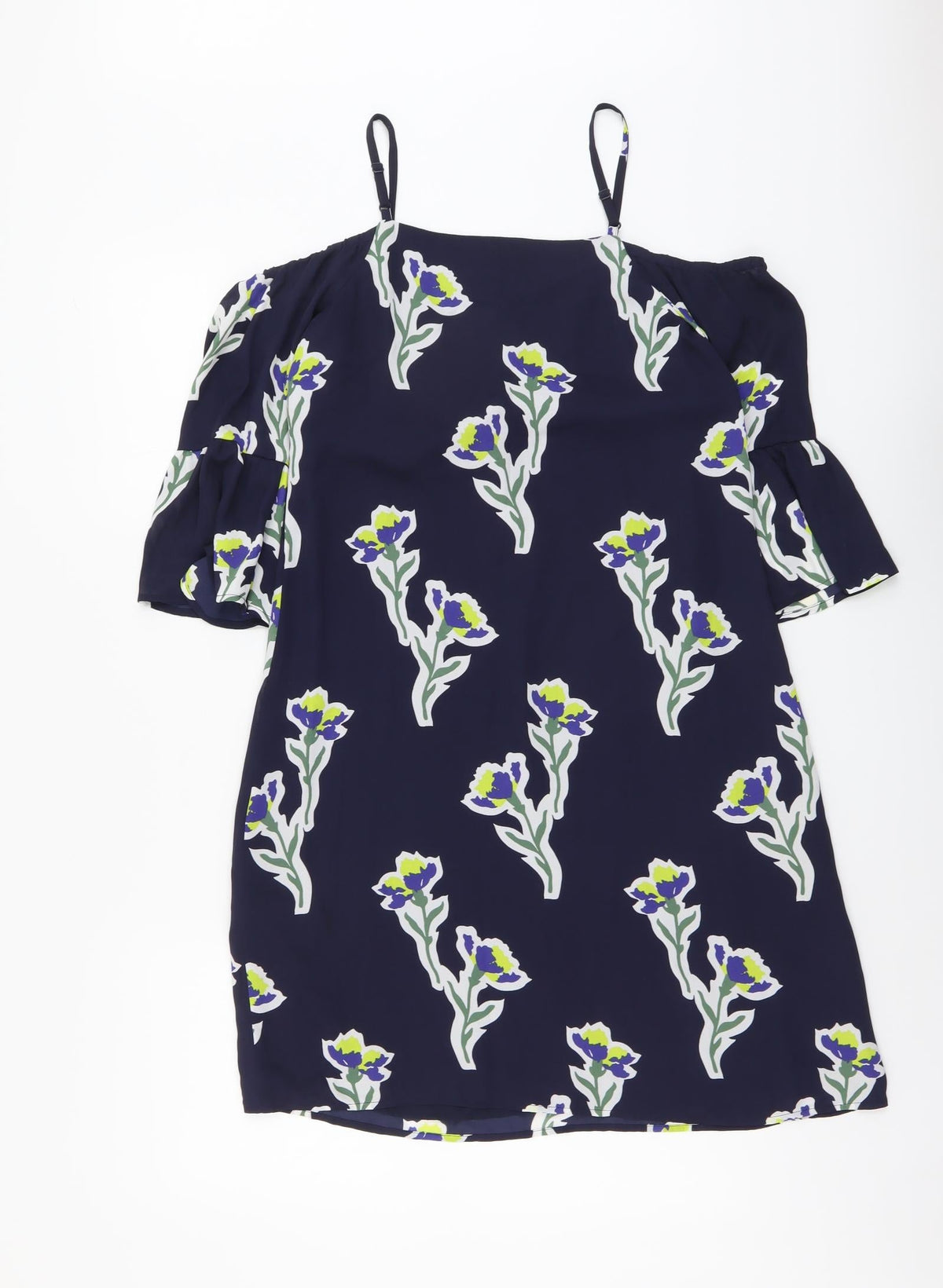Warehouse Womens Blue Floral Polyester Shift Size 6 Off the Shoulder Zip