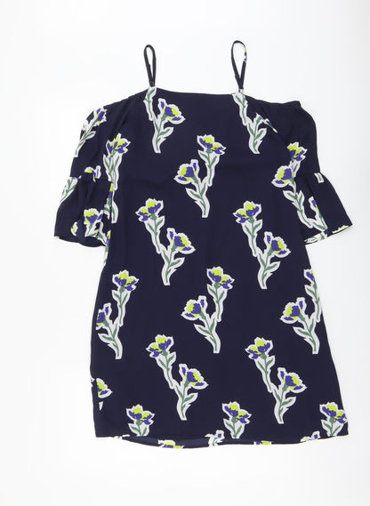 Warehouse Womens Blue Floral Polyester Shift Size 6 Off the Shoulder Zip