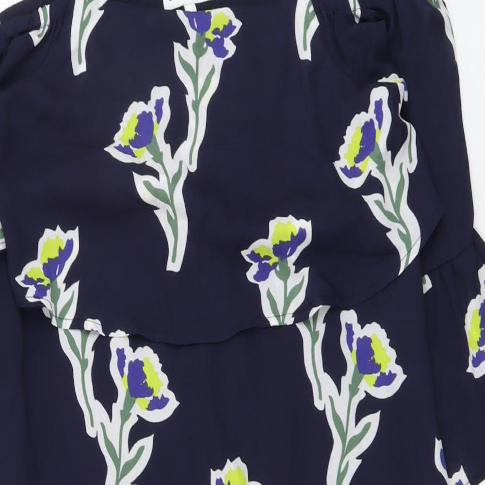 Warehouse Womens Blue Floral Polyester Shift Size 6 Off the Shoulder Zip