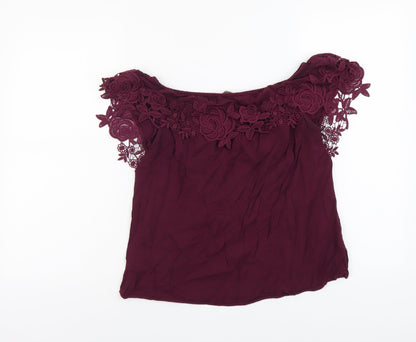 Osis Womens Purple Viscose Basic Blouse Size 12 Off the Shoulder - Lace Detail