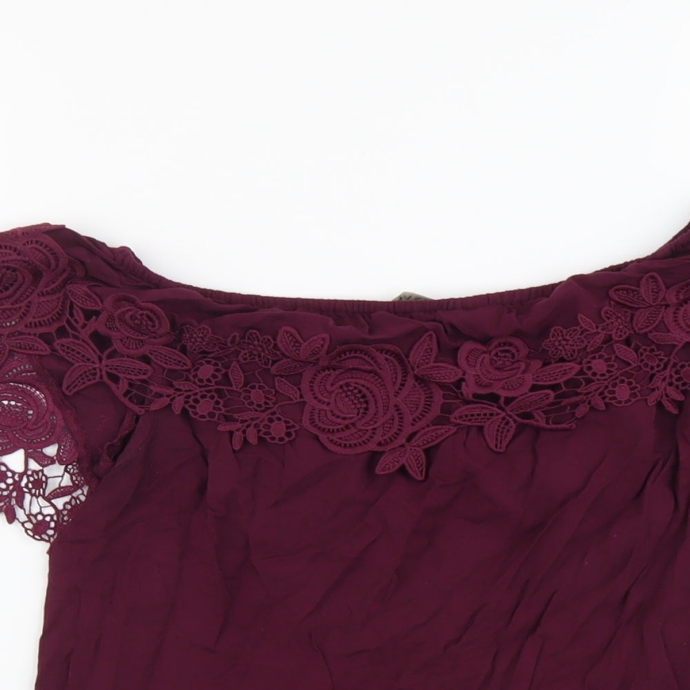 Osis Womens Purple Viscose Basic Blouse Size 12 Off the Shoulder - Lace Detail