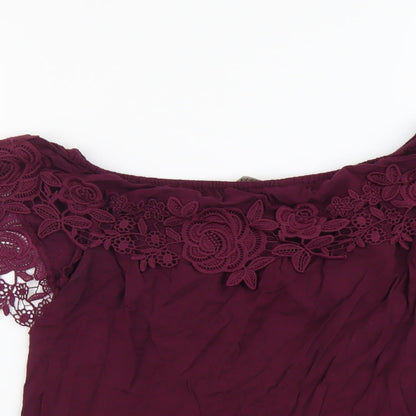 Osis Womens Purple Viscose Basic Blouse Size 12 Off the Shoulder - Lace Detail
