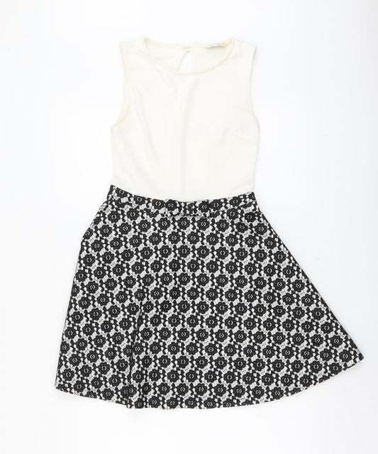 Miss Selfridge Womens Black Floral Polyester Fit & Flare Size 8 Round Neck Button