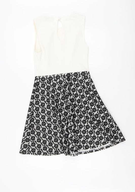 Miss Selfridge Womens Black Floral Polyester Fit & Flare Size 8 Round Neck Button