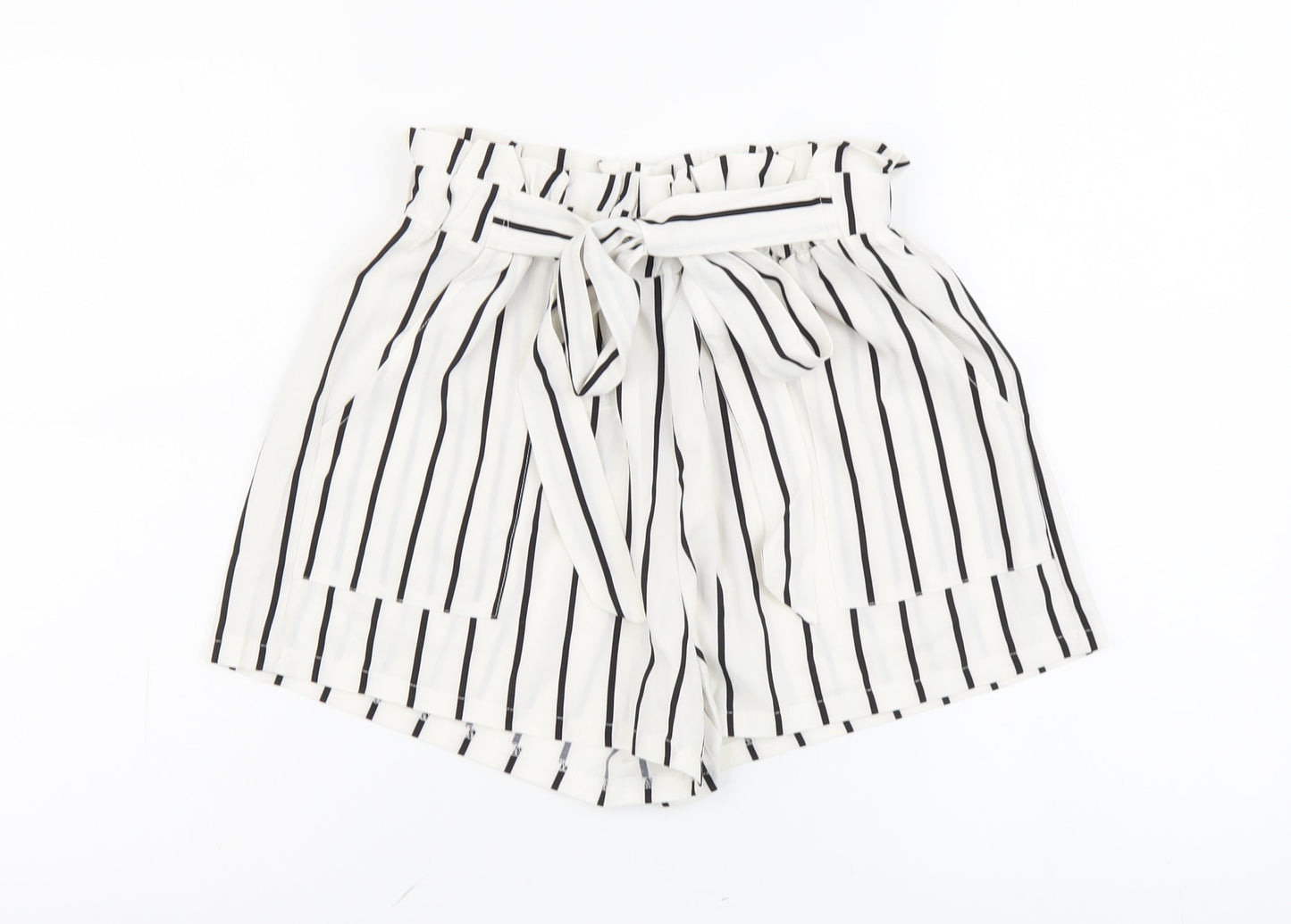 SheIn Womens White Striped Polyester Paperbag Shorts Size S L3 in Regular Drawstring