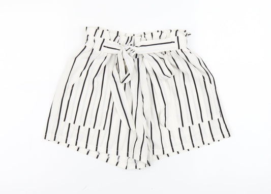 SheIn Womens White Striped Polyester Paperbag Shorts Size S L3 in Regular Drawstring