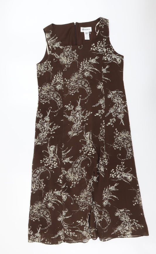 Studio Womens Brown Floral Polyester Trapeze & Swing Size 12 Round Neck Zip