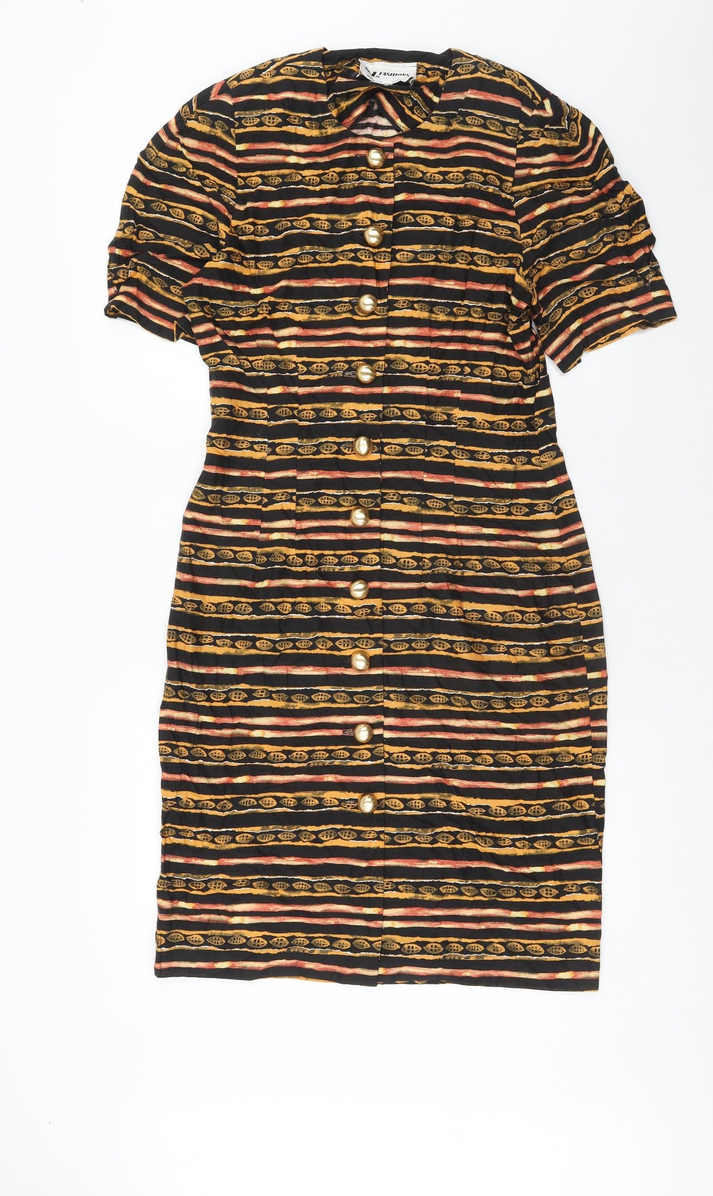 SL Fashion Womens Orange Striped Viscose A-Line Size 10 Round Neck Button