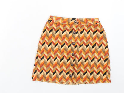 NEXT Girls Orange Geometric Cotton Straight & Pencil Skirt Size 11 Years Regular Zip