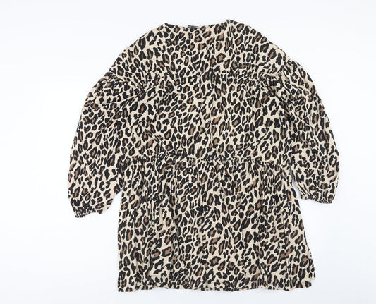 ASOS Womens Brown Animal Print Cotton Fit & Flare Size 10 V-Neck Pullover - Leopard Pattern