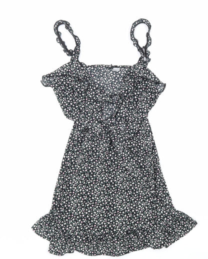 Divided Womens Black Floral Polyester Trapeze & Swing Size 12 V-Neck Pullover