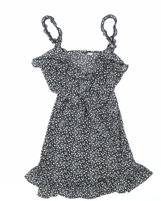 Divided Womens Black Floral Polyester Trapeze & Swing Size 12 V-Neck Pullover