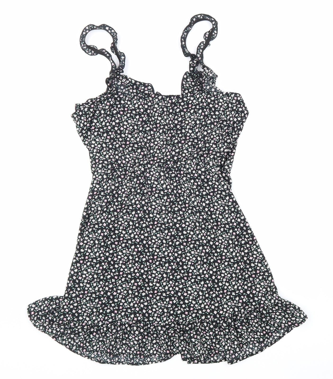 Divided Womens Black Floral Polyester Trapeze & Swing Size 12 V-Neck Pullover