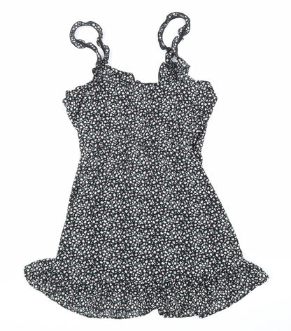Divided Womens Black Floral Polyester Trapeze & Swing Size 12 V-Neck Pullover
