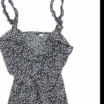 Divided Womens Black Floral Polyester Trapeze & Swing Size 12 V-Neck Pullover