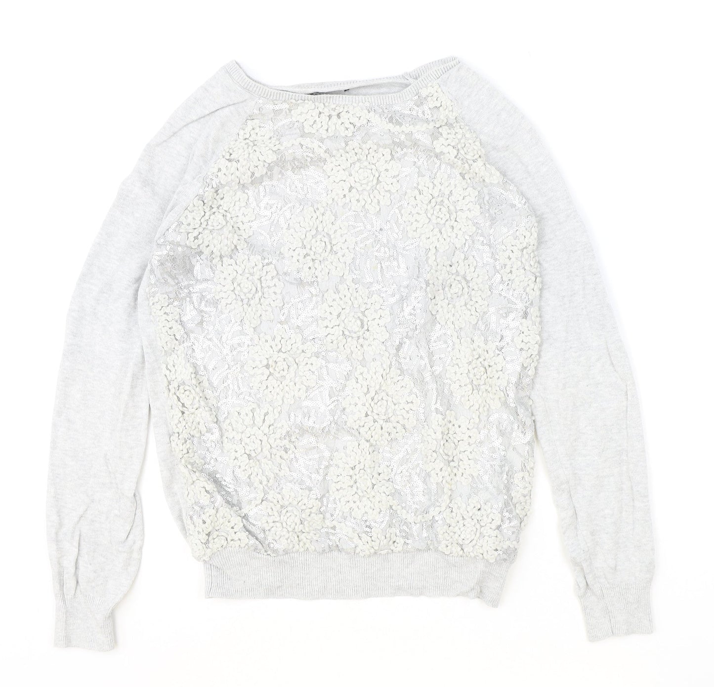 F&F Womens Grey Boat Neck Floral Cotton Pullover Jumper Size 12 - Lace Detail