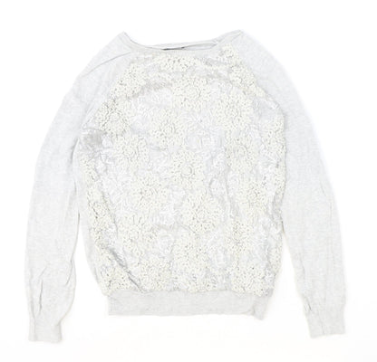 F&F Womens Grey Boat Neck Floral Cotton Pullover Jumper Size 12 - Lace Detail