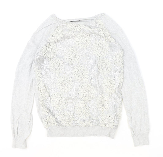 F&F Womens Grey Boat Neck Floral Cotton Pullover Jumper Size 12 - Lace Detail