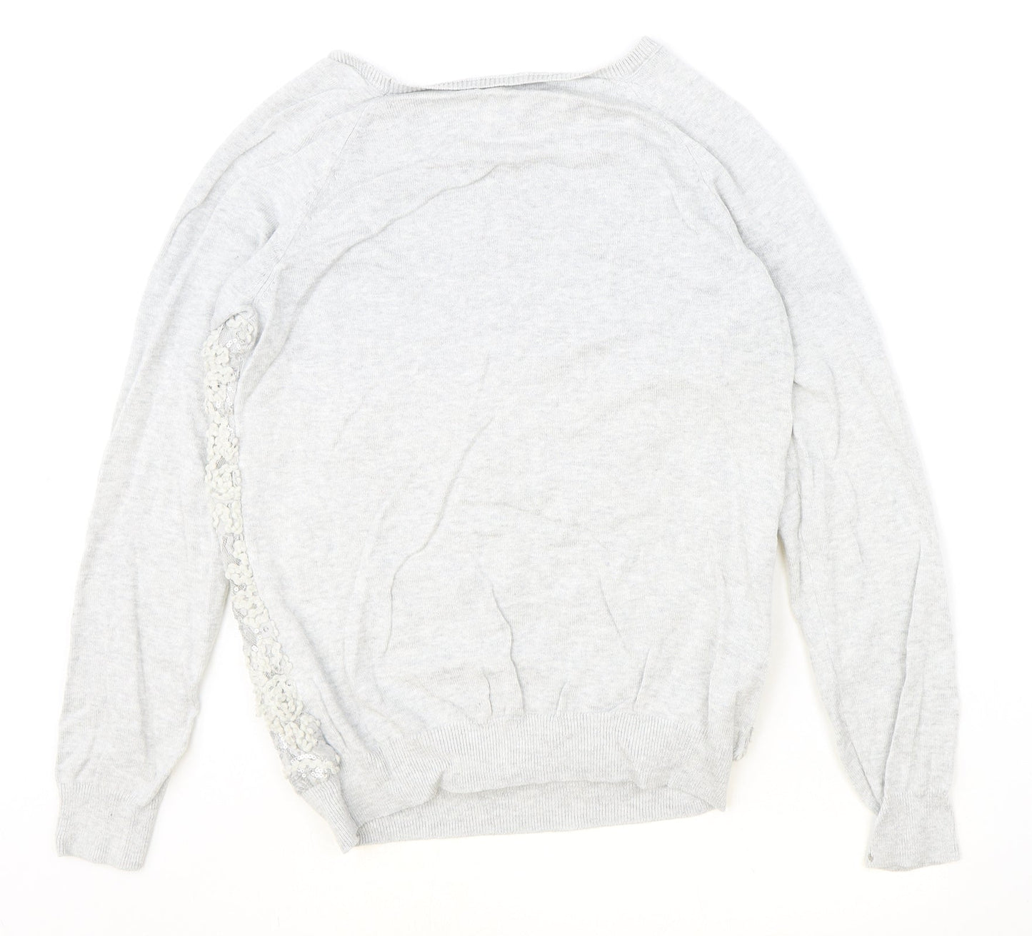 F&F Womens Grey Boat Neck Floral Cotton Pullover Jumper Size 12 - Lace Detail