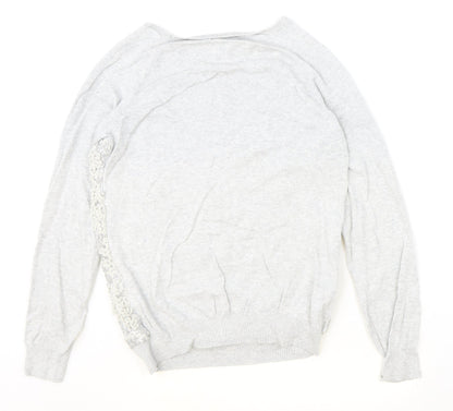 F&F Womens Grey Boat Neck Floral Cotton Pullover Jumper Size 12 - Lace Detail